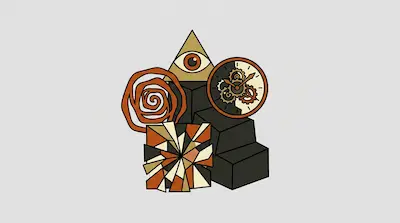 A collection of stylized icons including a pyramid with an eye, a clock with gears, a spiral, and a shattered square arranged on black blocks.