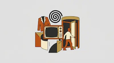 A minimalist graphic featuring a suit jacket, a spiral, a vintage television, and a person walking through a revolving door.