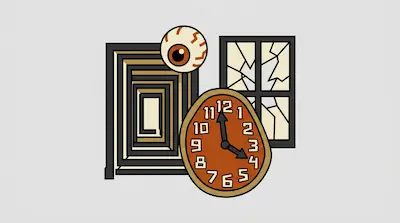 A distorted orange clock, a large bloodshot eyeball, a shattered window, and a series of nested rectangular frames are clustered together.
