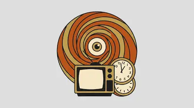 A vintage television and two clocks sit in front of a large orange and tan spiral with an eye in the center.