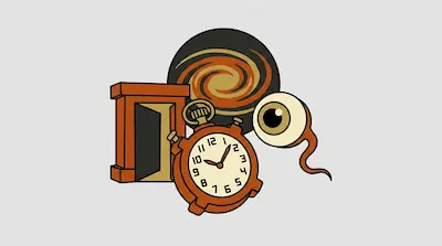 A cartoon stopwatch, an open doorway, a floating eyeball, and a swirling spiral.