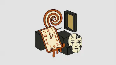 A melting clock draped over a black block, accompanied by a cracked mask, a spiral, and a rectangular frame.