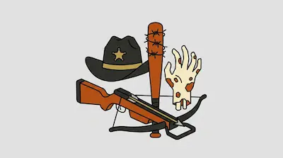 A sheriff's hat, a baseball bat wrapped in barbed wire, a decaying hand, and a crossbow.