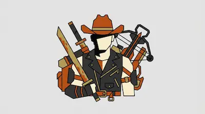 A stylized character wearing a cowboy hat and leather vest, holding a sword and carrying a crossbow.
