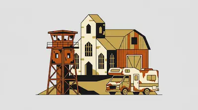 A stylized illustration of a watchtower, a church, a barn, and a rusty camper van.
