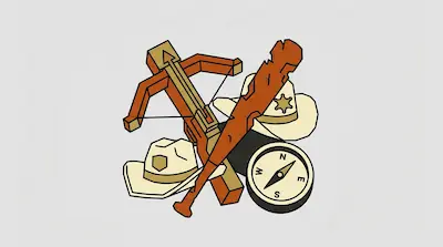 A crossbow, a wooden club, two cowboy hats with stars, and a compass are arranged in a cluster.
