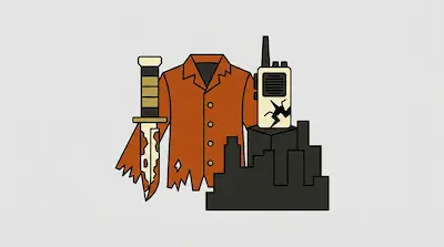 A bloody knife, a torn orange shirt, and a cracked walkie-talkie behind a dark city silhouette.