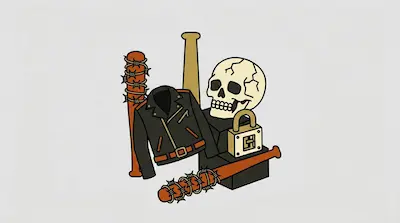 A leather jacket, a skull, a padlock, and baseball bats wrapped in barbed wire are grouped together.