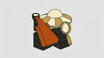 A UFO, a flashlight with a beam of light, a magnifying glass, and two filing cabinets are grouped together.