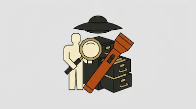 A human figure holds a magnifying glass beside a stack of filing cabinets and a large orange flashlight, with a black UFO hovering above.