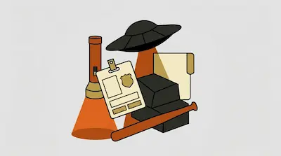 A collection of stylized icons including a UFO, a flashlight, an ID badge, a folder, and a baseball bat.