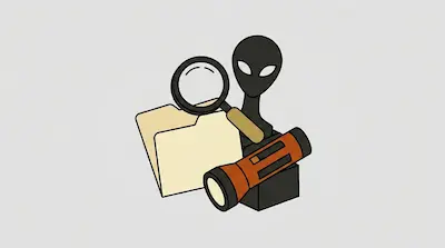 A tan file folder, a magnifying glass, a black alien head, and an orange flashlight.