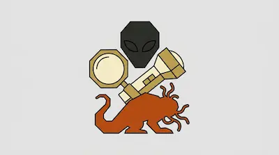 A black alien head, a gold magnifying glass, and a flashlight are positioned above an orange, multi-legged creature.
