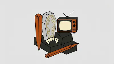 A coffin, two wooden stakes, fangs, and a vintage television set are arranged on dark grey blocks.