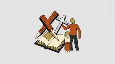 A person stands next to an open book, a small bottle, a cross, and two crossed pencils.