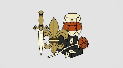 A gold fleur-de-lis is centered between a dagger and a geometric glass of amber liquid, with a red rose lying across the bottom.