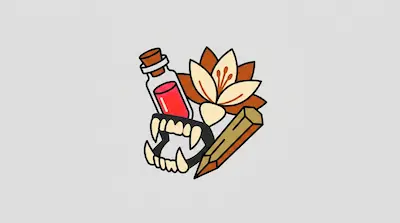 A red potion bottle, a flower, a set of fangs, and a wooden stake arranged together.