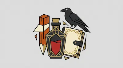 A wooden stake, a potion bottle with red liquid, and a black crow perched on an ornate book.