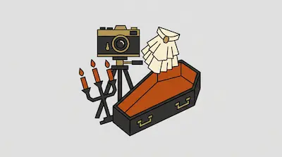 A vintage camera on a tripod, a candelabra with three lit candles, a ruffled white cravat, and an open coffin.