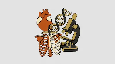 A stylized graphic featuring a human heart, a DNA double helix, a ribcage, and a microscope.
