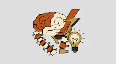 A stylized brain, lightning bolt, lightbulb, and spine are grouped together.