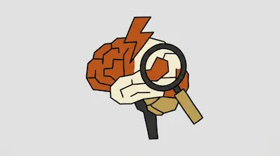 A stylized brain with a lightning bolt striking the top and a magnifying glass positioned over one section.