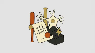 Two baseball bats, a scroll with a grid, a neuron, and a lightning bolt icon arranged on dark blocks.