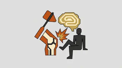 A reflex hammer strikes a knee joint next to a silhouette of a person kicking their leg and a brain icon.