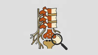 A diagram of a human spine and nerves with a magnifying glass highlighting a synapse.