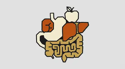Geometric human digestive organs, including a stomach, liver, and intestines, are shown with an apple on top.