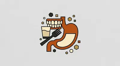A curved stomach organ, a set of teeth, a fork, and a glass partially filled with liquid grouped together.