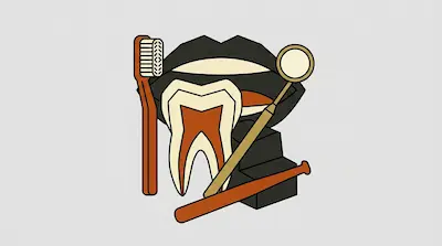 A toothbrush, a large tooth, a mouth, a dental mirror, and a baseball bat are grouped together in a stylized graphic.