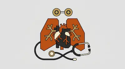 A stylized heart and lungs are centered above a stethoscope, with two circular shapes at the top.