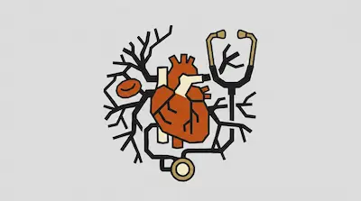 A stylized human heart surrounded by branching black lines and a stethoscope.