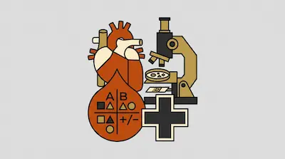 A stylized human heart, a microscope, a blood drop with blood type symbols, and a medical cross.