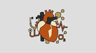A stylized human heart surrounded by medical and scientific icons, including a stethoscope, an EKG line, and oxygen molecules.