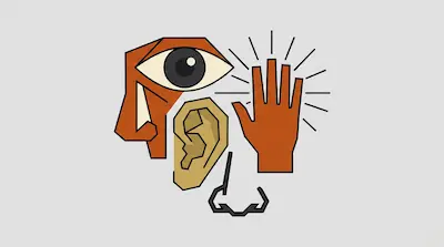 A geometric arrangement of a large eye, an ear, a hand with radiating lines, and a nose.