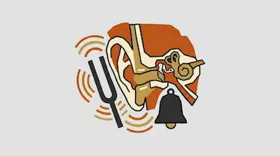 A stylized diagram of the human ear anatomy accompanied by a tuning fork emitting sound waves and a bell.