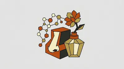 A geometric illustration of a human nose, a molecular structure, and a flower in a perfume bottle.