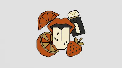 A geometric drawing of a mouth with a tongue sticking out, surrounded by orange slices, a strawberry, and a salt shaker.