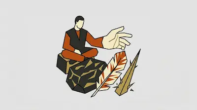 A person sits cross-legged with an oversized hand reaching toward a rock, a striped feather, and a thorny branch.