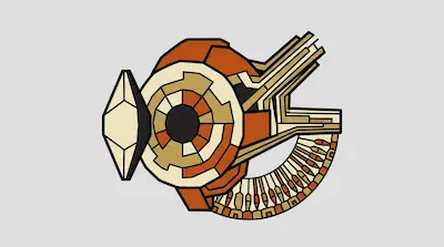 A stylized mechanical object with a circular center, orange and tan geometric segments, and a curved track at the bottom.