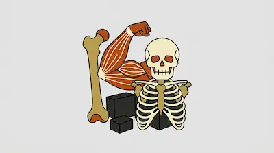 A stylized graphic featuring a femur bone, a flexing muscular arm, a skull, and a ribcage.
