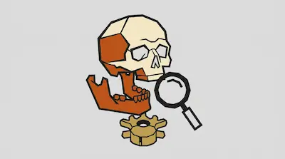 A geometric skull with a detached orange jaw, a magnifying glass, and a gold gear.