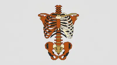 A stylized graphic of a human torso skeleton, including the rib cage, spine, and pelvis, rendered in orange, tan, and black.