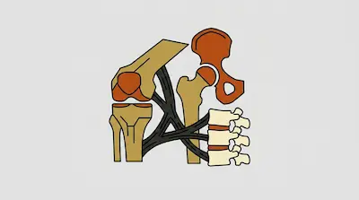 Stylized anatomical diagrams of a knee, hip, and spine connected by dark nerve pathways.