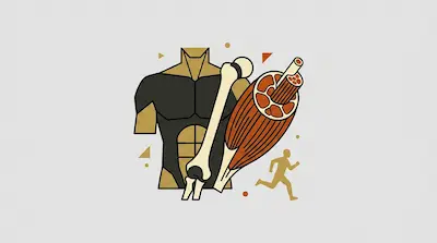 A human torso, a long bone, and a muscle cross-section are shown next to a small silhouette of a person running.