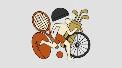 Flat illustration of a runner surrounded by a tennis racket, golf clubs, a bicycle wheel, and a football