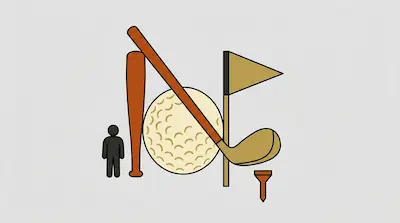 Flat illustration of a golf ball, club, and flag next to a small human figure and a baseball bat on a gray background