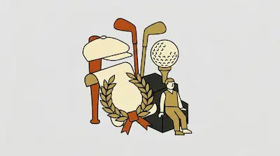 Flat illustration of golf clubs, a ball on a tee, a laurel wreath, and a small figure sitting on a black block